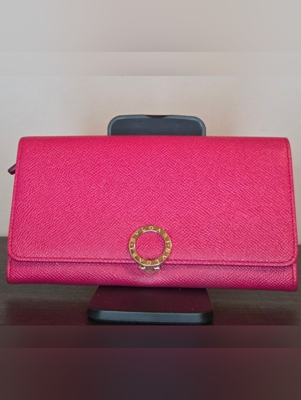 Bvlgari Pink Saffiano Leather Long Wallet | Snap Flap | Logo Ring | EUC